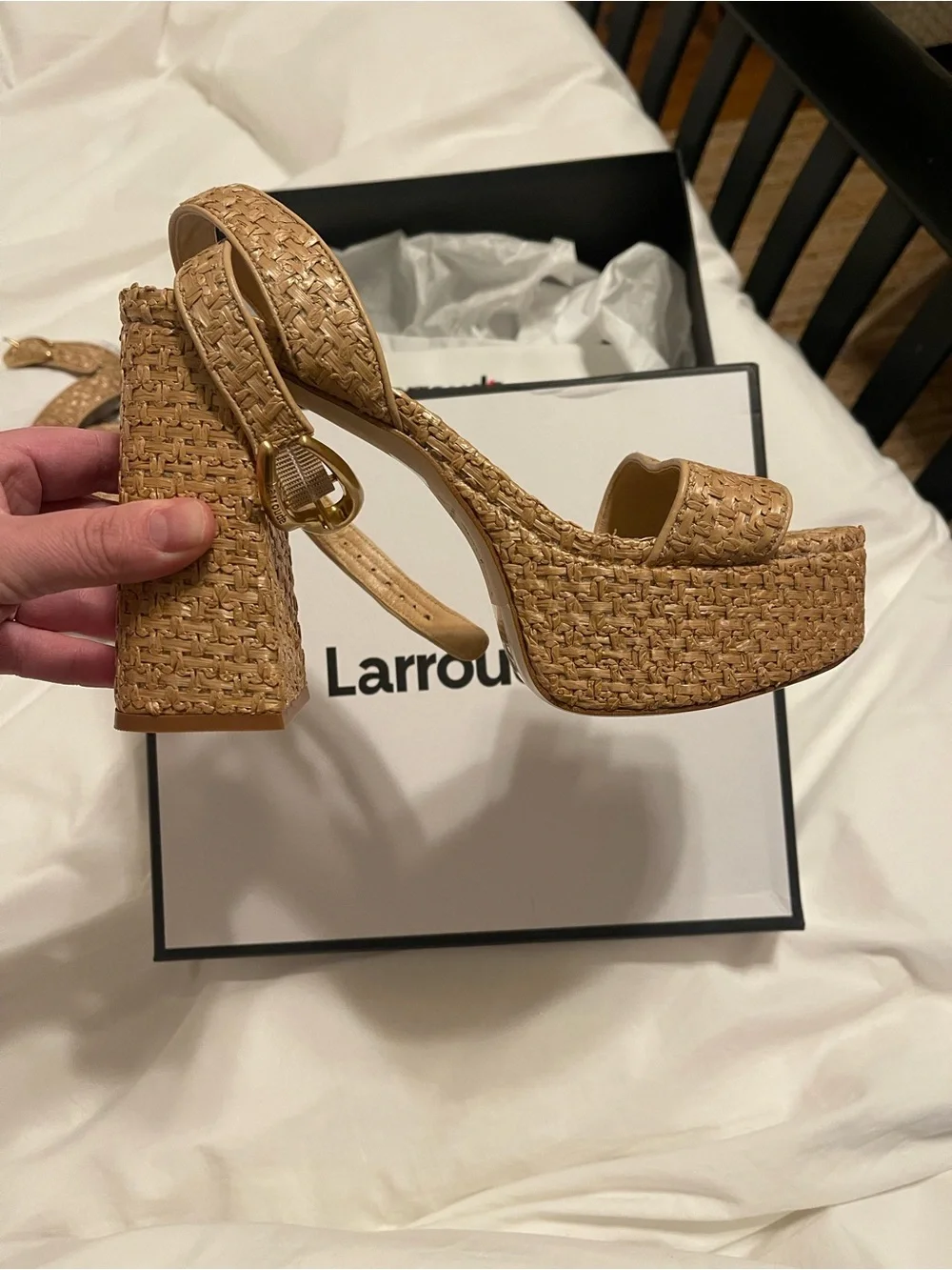 Larroude Beige Woven Platform Sandals